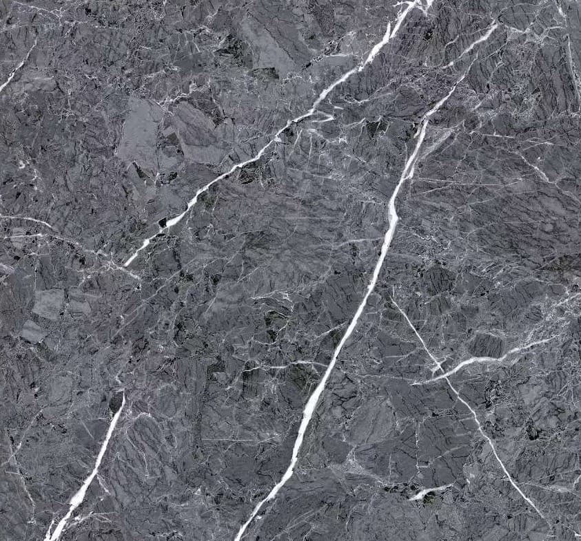Charcoal ceramic surface with white marble-like veining.