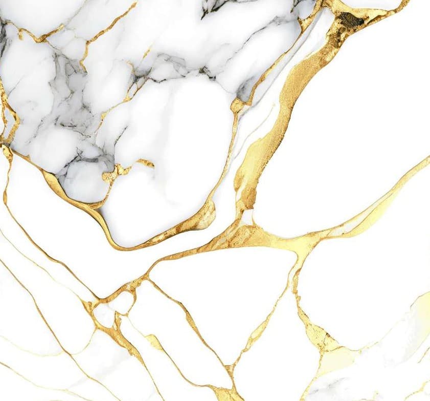 White ceramic surface with broad gold and grey veining.