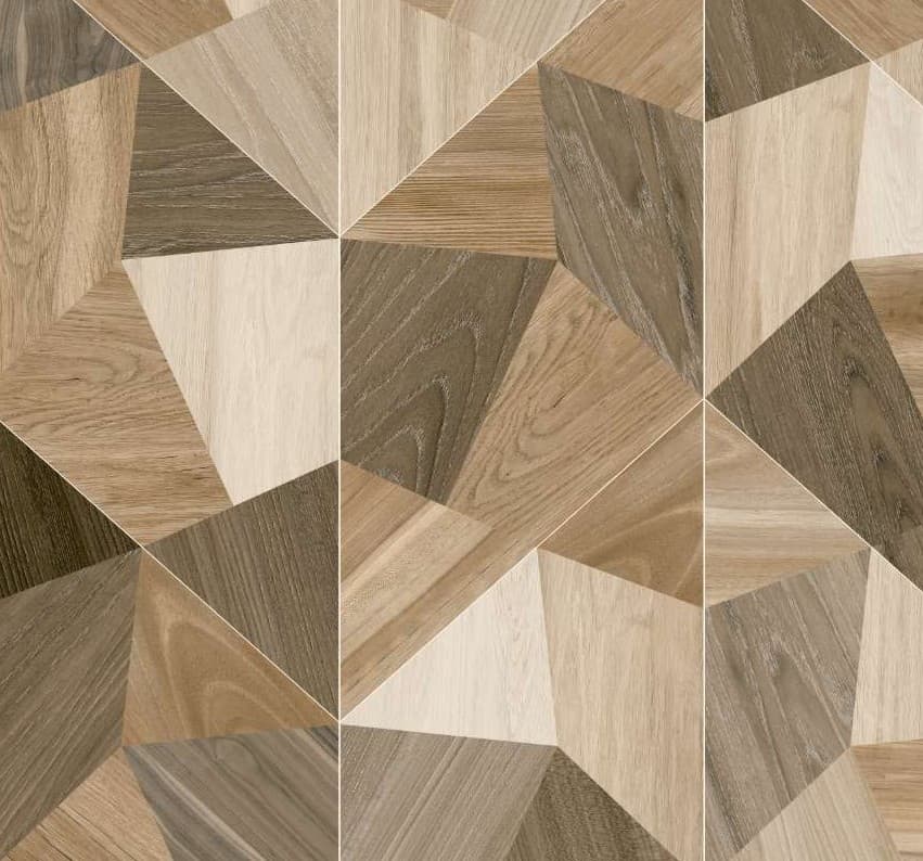 Timber-look ceramic surface arranged in a geometric pattern.